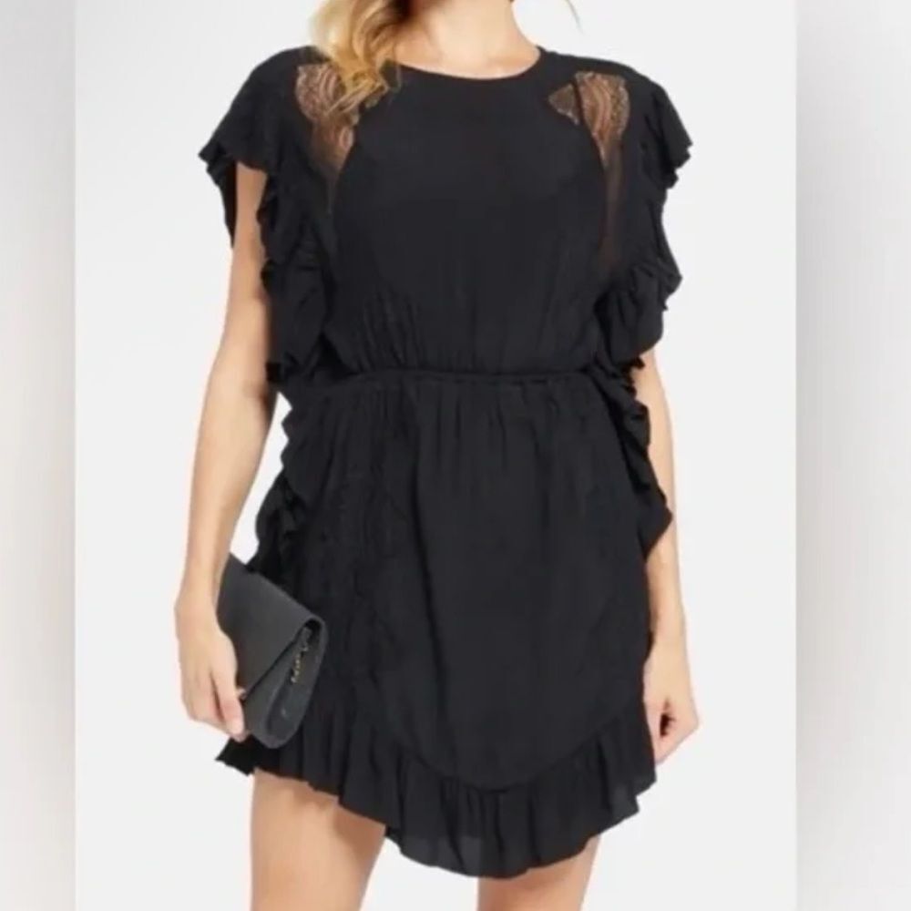 IRO Zestful Chantilly Lace-Trimmed Ruffled Crepe Dress Black XS NEW MSRP $425